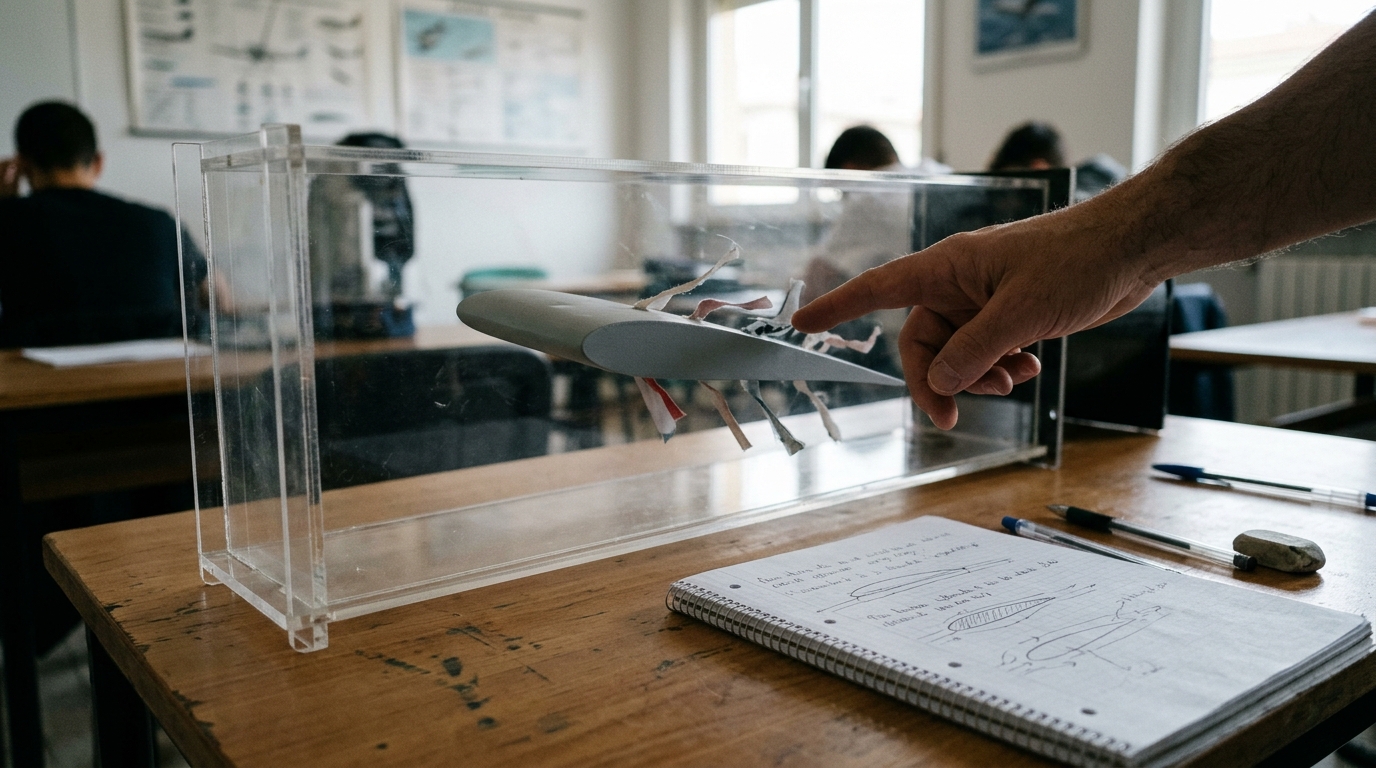 Immagine illustrativa generata con IA: modello di profilo alare e fili di lana usati in aula per studiare il flusso e l’angolo d’attacco